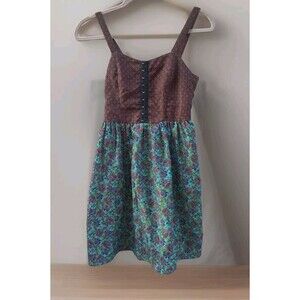 Xhilaration Dress Juniors Size Small S Brown Bodice with Teal Floral Skirt Cute
